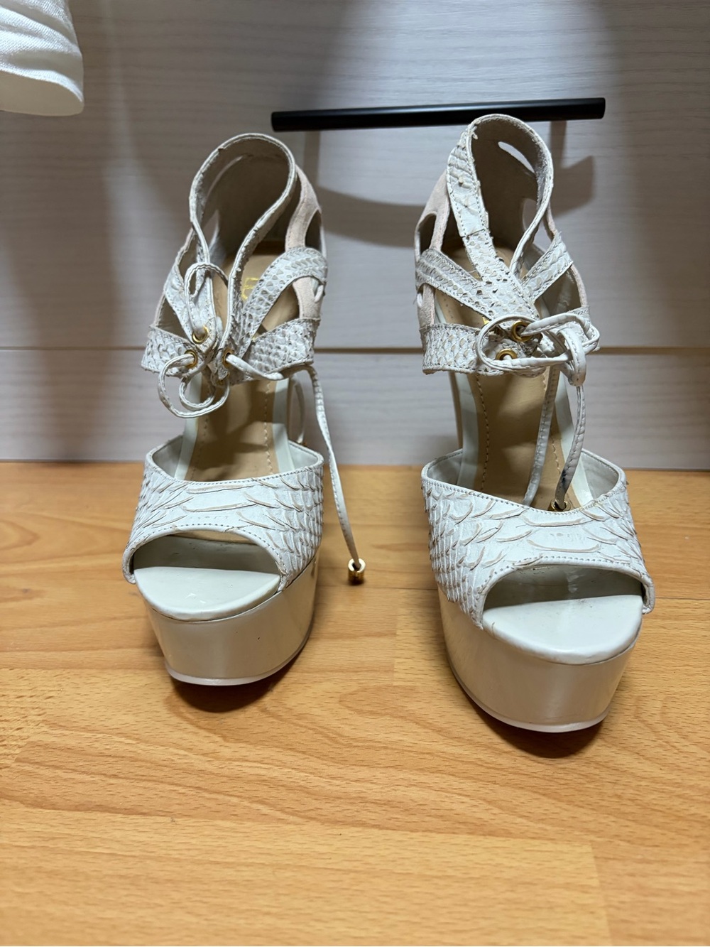 Cream Lace-Up Platform Sandals with Textured Straps